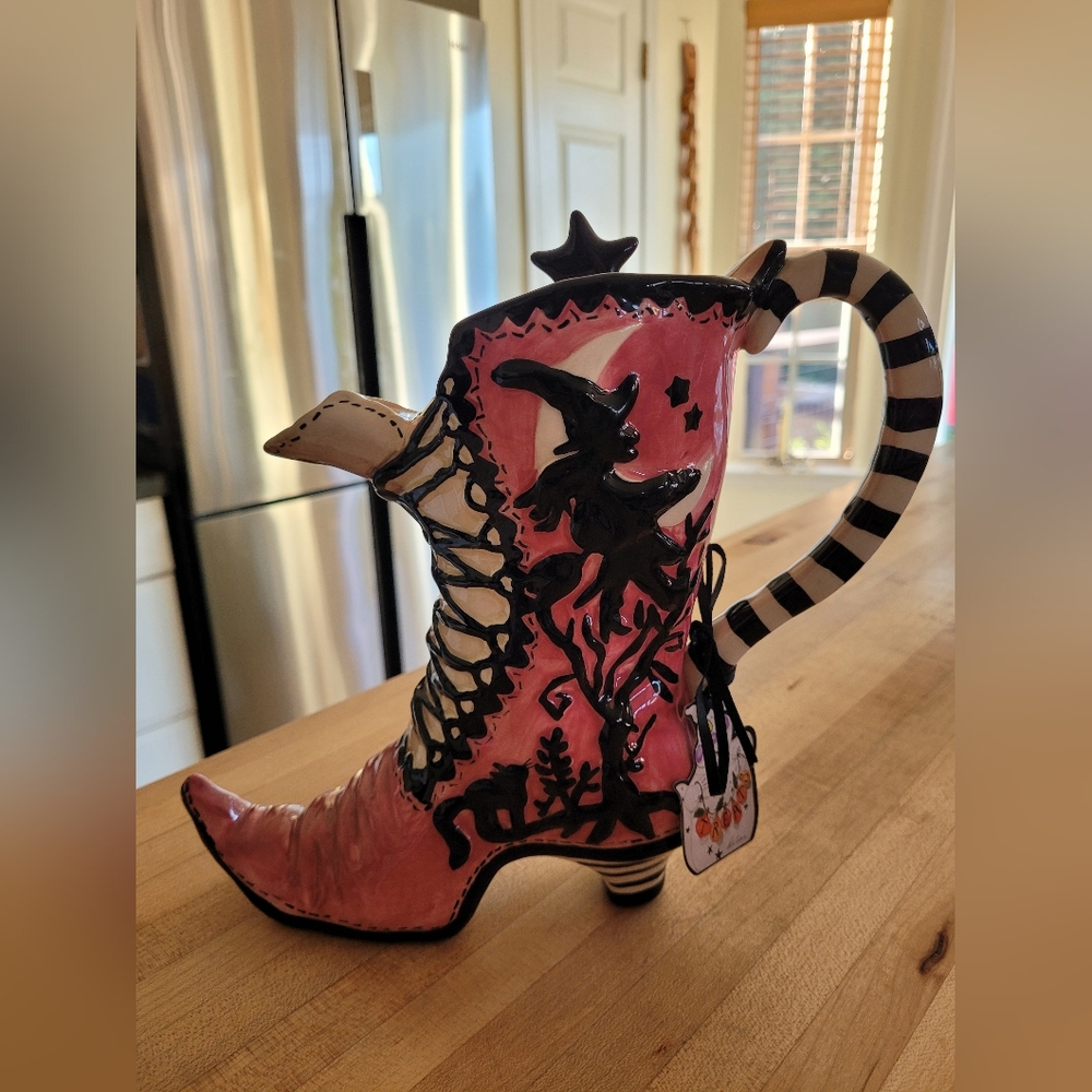 Blue Sky Clayworks Pink Witch Boot Halloween Teapot